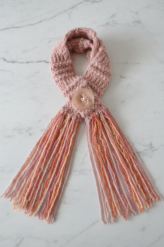Blush pink handcrafted artyarn scarf with multicoloured fringe flat lay on white marble surface - Arnia CraftyGirl