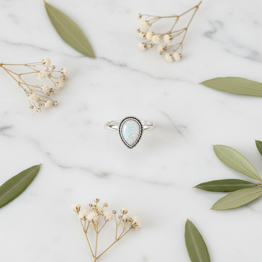 Flat lay of Arnia CraftyGirl teardrop moonstone glass stone ring on white marble with dried flowers and olive leaves