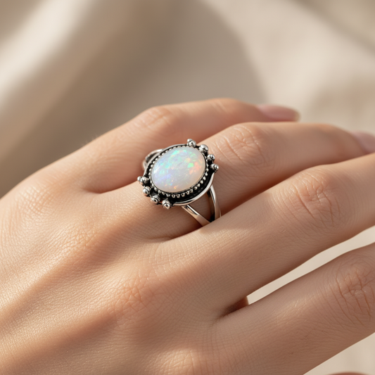 Close-up of Arnia CraftyGirl moonstone glass stone ring worn on finger showing iridescent rainbow shimmer and intricate silver beaded setting
