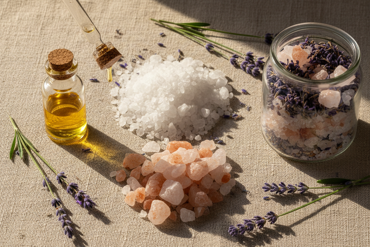 Flat lay of bath salt ingredients — coarse sea salt, pink Himalayan salt, Vitamin E oil, and fresh lavender — Arnia CraftyGirl natural handmade bath products South Africa