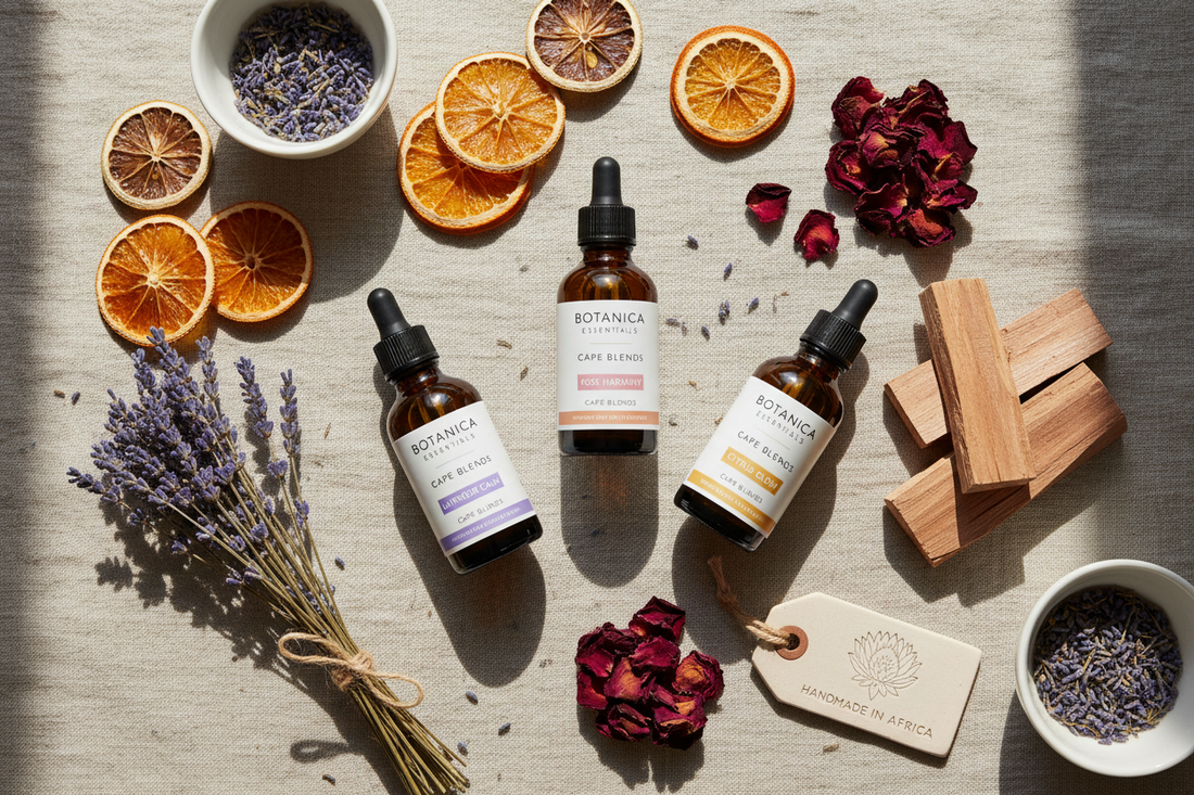 Essential oil bottles with dried botanicals, lavender, citrus and rose petals — Arnia CraftyGirl natural handmade beauty products South Africa