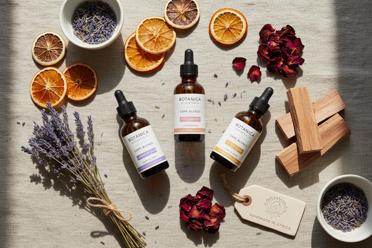 Essential oil bottles with dried botanicals, lavender, citrus and rose petals — Arnia CraftyGirl natural handmade beauty products South Africa