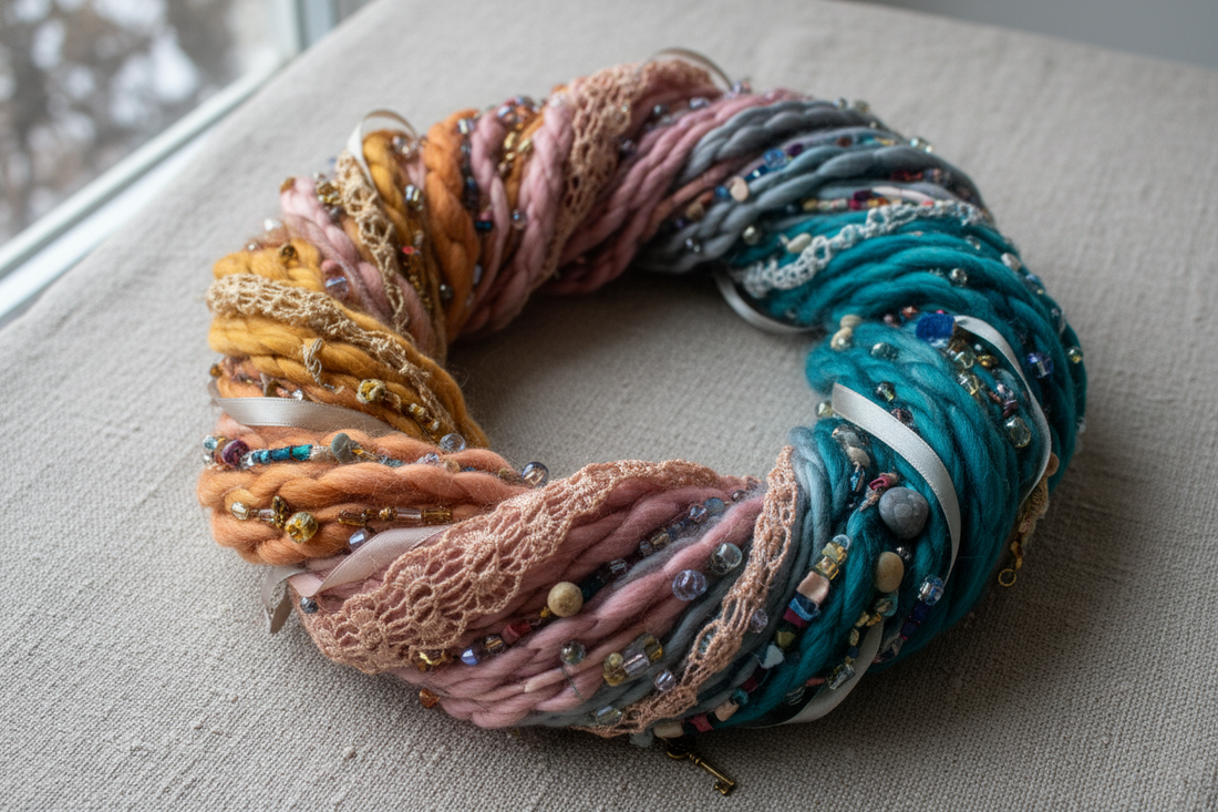 Handspun art yarn scarf with lace, beads, satin ribbon and trinkets woven into the yarn, draped on a natural linen surface — Arnia CraftyGirl