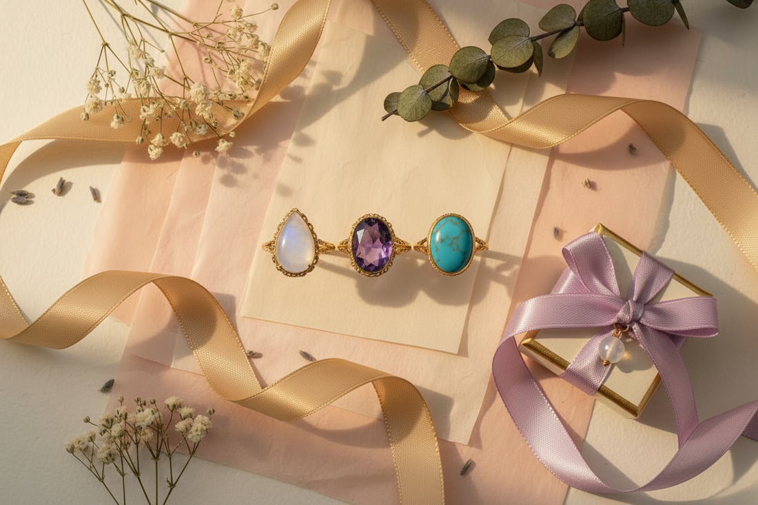 Handmade moonstone glass stone rings by Arnia CraftyGirl — unique artisanal jewellery gifts for every occasion
