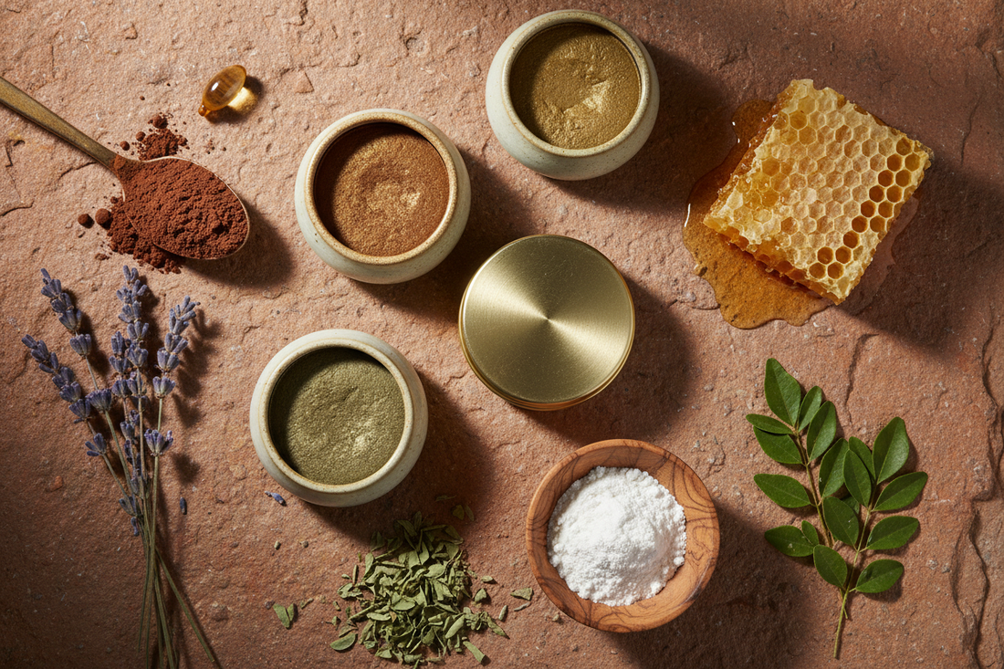 Flat lay of natural handmade eyeshadow and lip balm with beeswax, moringa, cacao, lavender and Vitamin E ingredients — Arnia CraftyGirl
