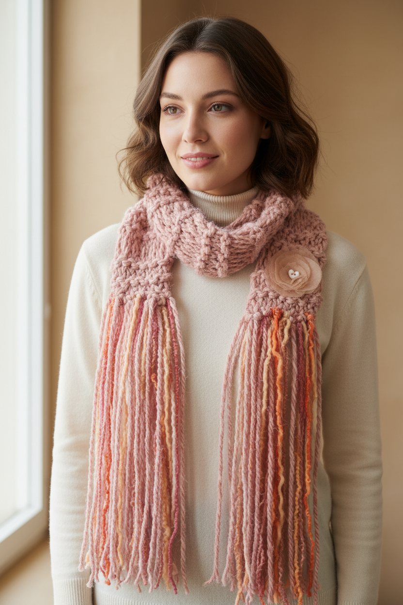 Handcrafted blush pink artyarn scarf with peach orange fringe worn around a woman's neck, lifestyle fashion shot - Arnia CraftyGirl