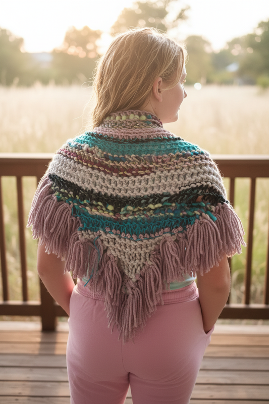 Handmade Intricate Bohemian Fringed Shawl showing back detail with multicolour artyarn weave and pink fringe – back view | Arnia CraftyGirl