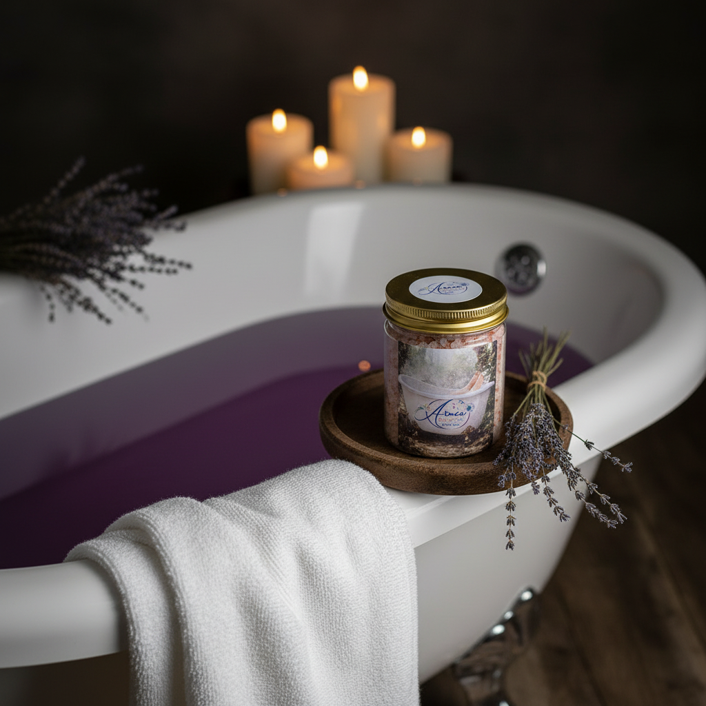 Arnia CraftyGirl lavender bath salt jar beside a drawn bath with glowing candles, white towel and lavender stems, relaxing spa ambiance