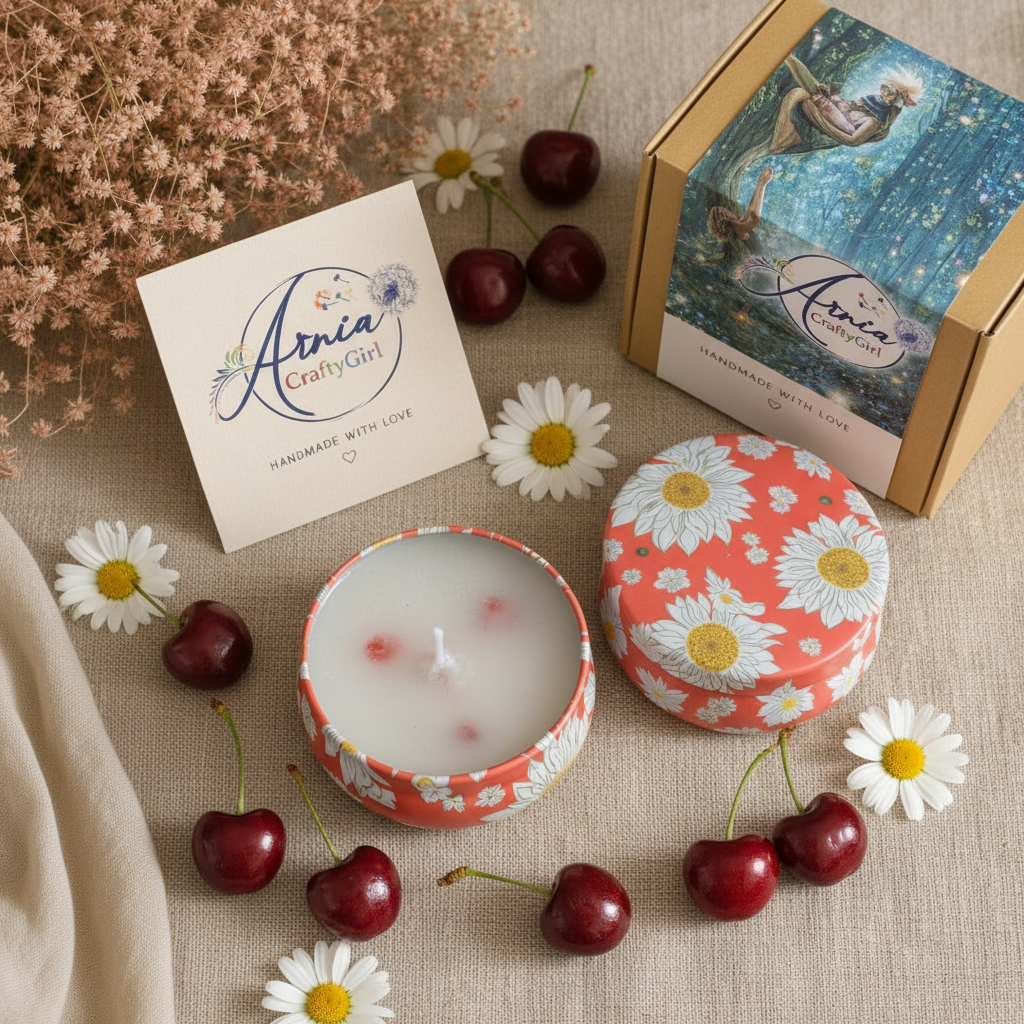Flat lay of Arnia CraftyGirl cherry scented candle tin with branded gold gift box and card on linen with red cherries and daisies