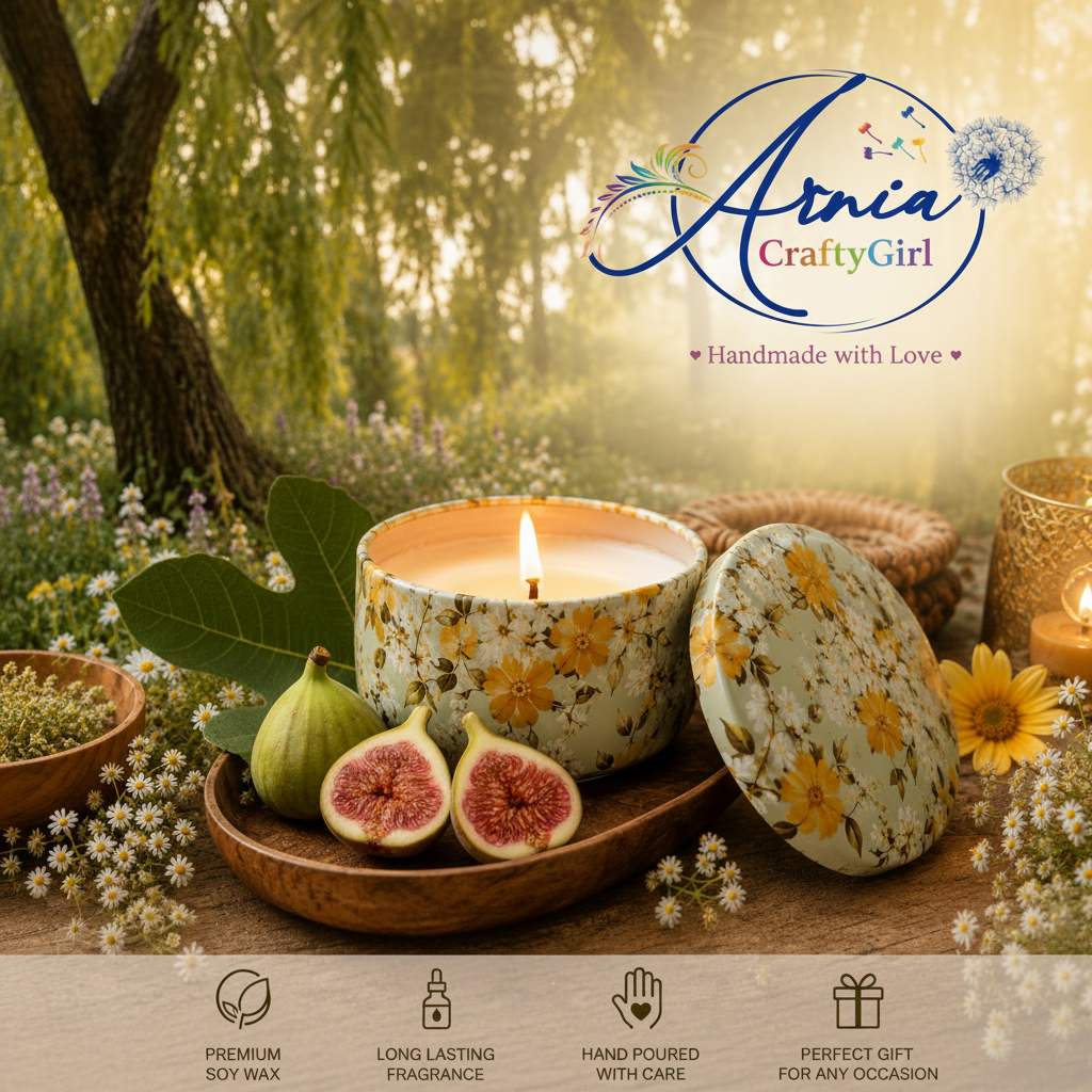 Arnia CraftyGirl fig scented candle lit in yellow floral tin on rustic wooden tray with figs, fig leaves and golden hour light
