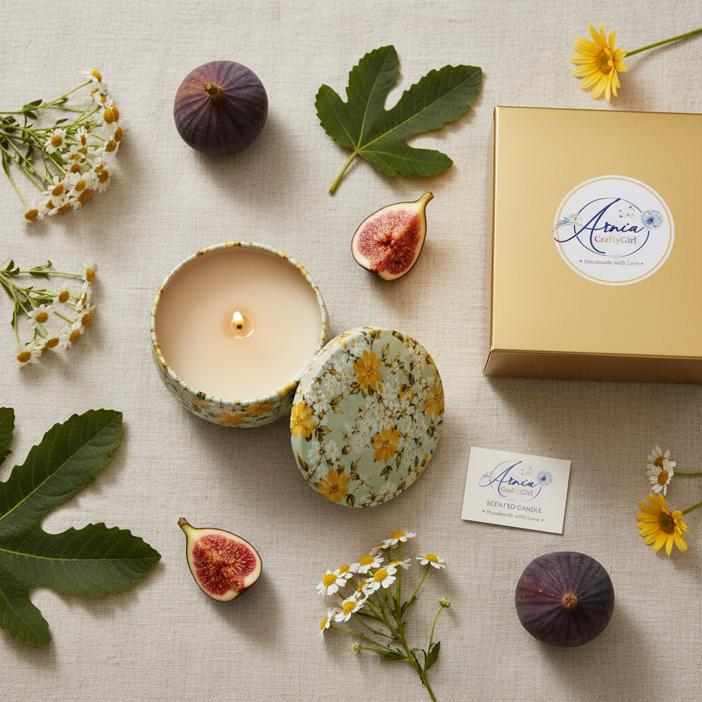 Flat lay of Arnia CraftyGirl fig scented candle tin with gold gift box and card on linen with fresh figs and fig leaves
