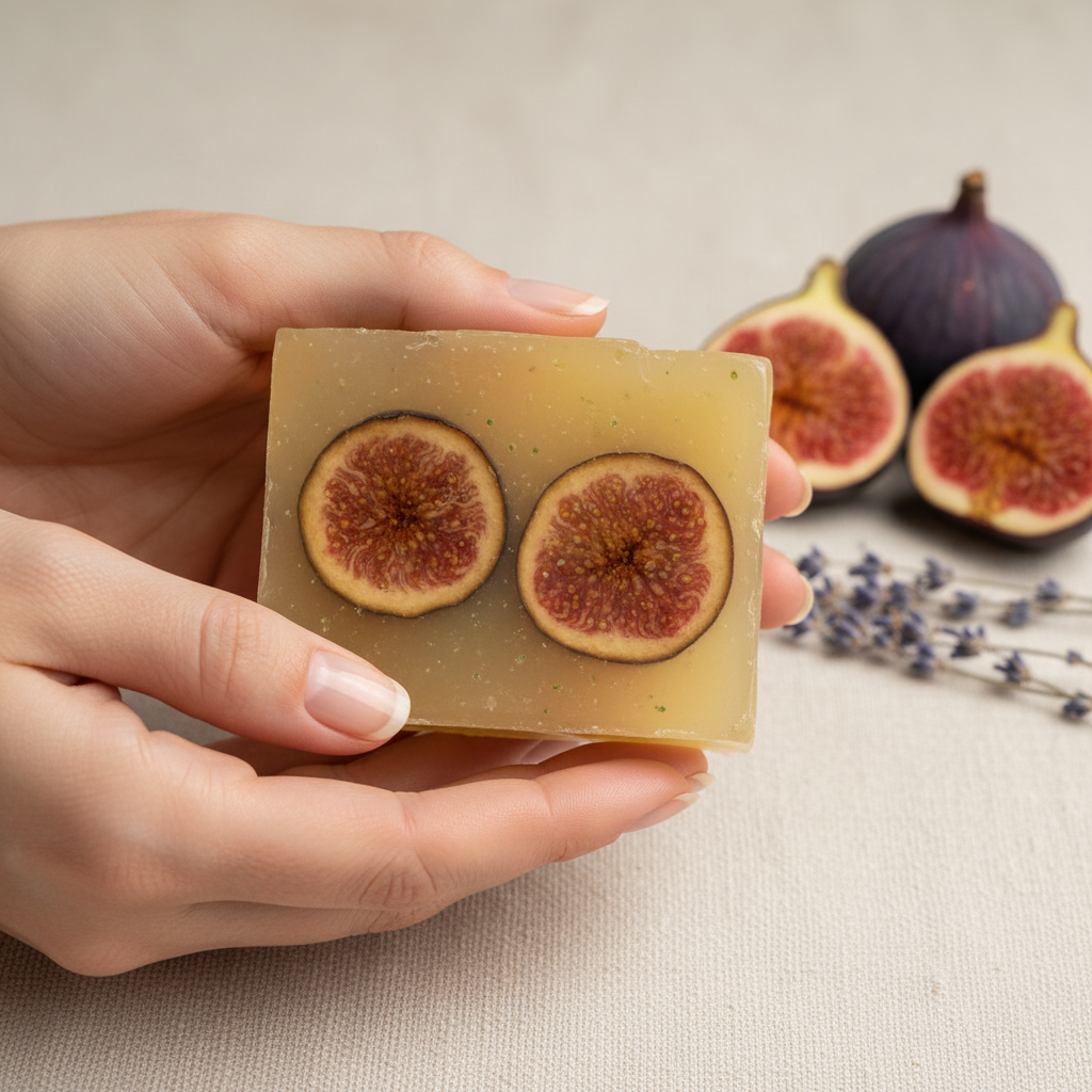 Handcrafted fig glycerine soap held in hands – Arnia CraftyGirl