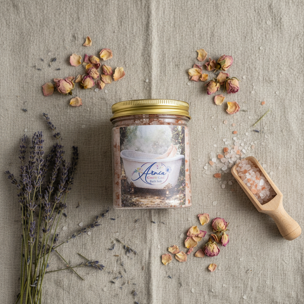 Flat lay of Arnia CraftyGirl lavender bath salt jar with gold lid on linen cloth, styled with dried lavender flowers, rose petals and a wooden scoop of Himalayan salt