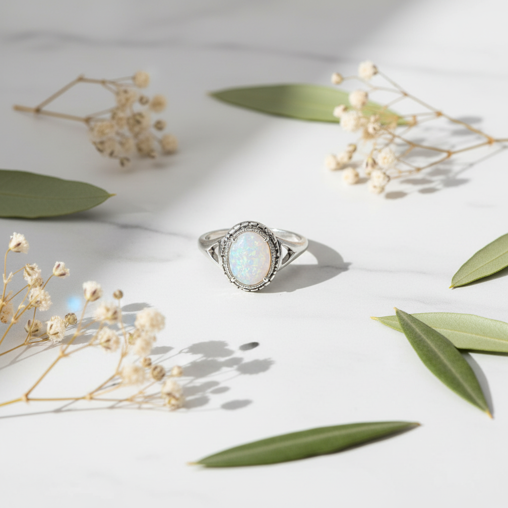 Flat lay of Arnia CraftyGirl large oval moonstone glass stone ring on white marble with dried flowers and olive leaves