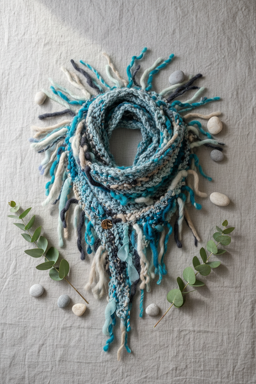 Flat lay of Arnia CraftyGirl teal merino wool scarf with eucalyptus and pebbles on grey linen – handmade in South Africa