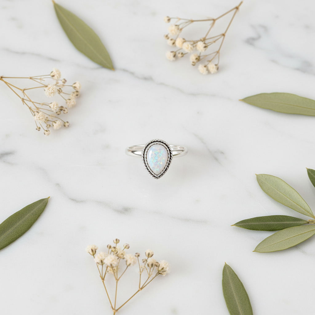 Flat lay of Arnia CraftyGirl teardrop moonstone glass stone ring on white marble with dried flowers and olive leaves