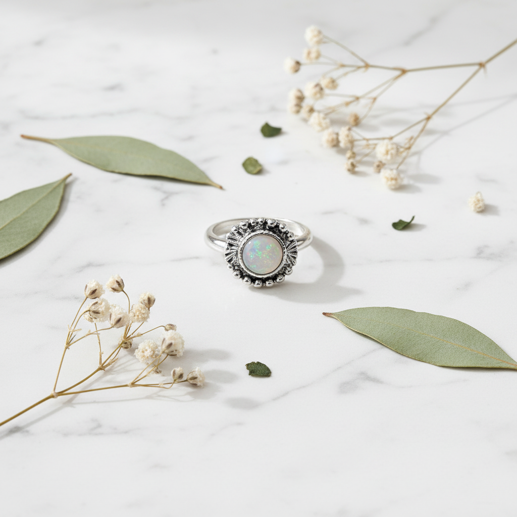 Flat lay of Arnia CraftyGirl silver moonstone ring with sunflower beaded setting on white marble with dried flowers and eucalyptus