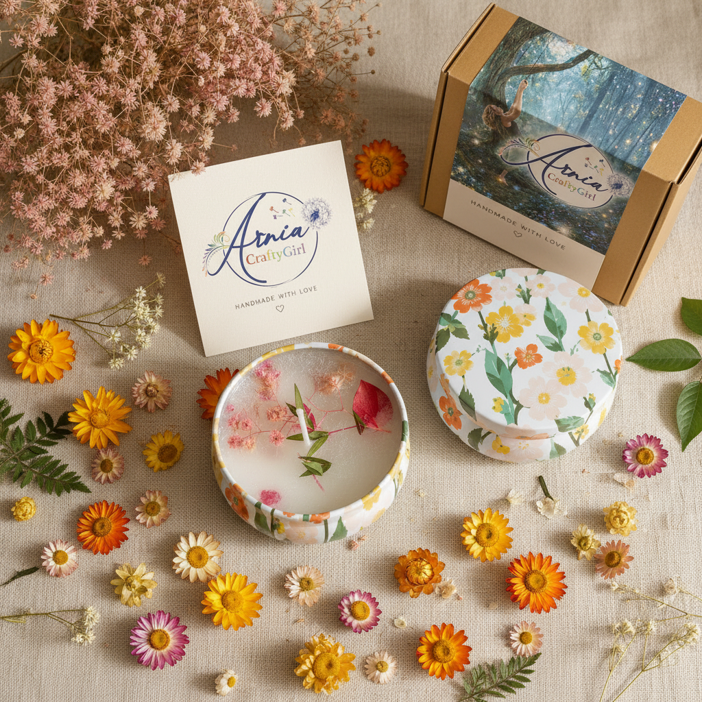 Flat lay of Arnia CraftyGirl fruity scented candle tin with branded gold gift box and card on linen background with dried flowers