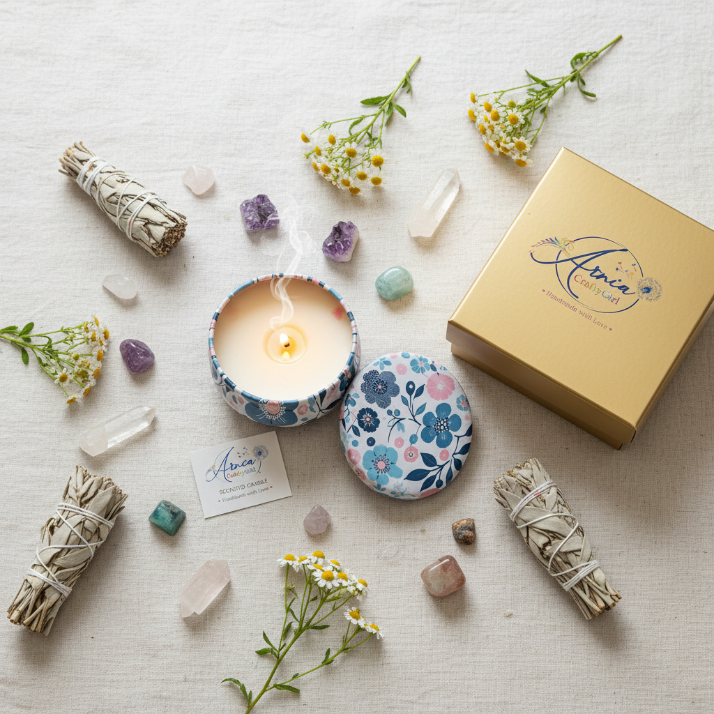 Arnia CraftyGirl white sage scented candle in floral tin on white marble with fresh sage bundles and white wildflowers