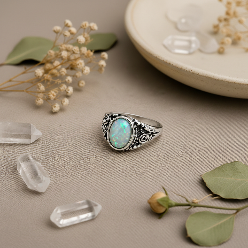 Silver-plated oval moonstone ring gift flat lay on linen with crystals and botanicals, size 15, Arnia CraftyGirl