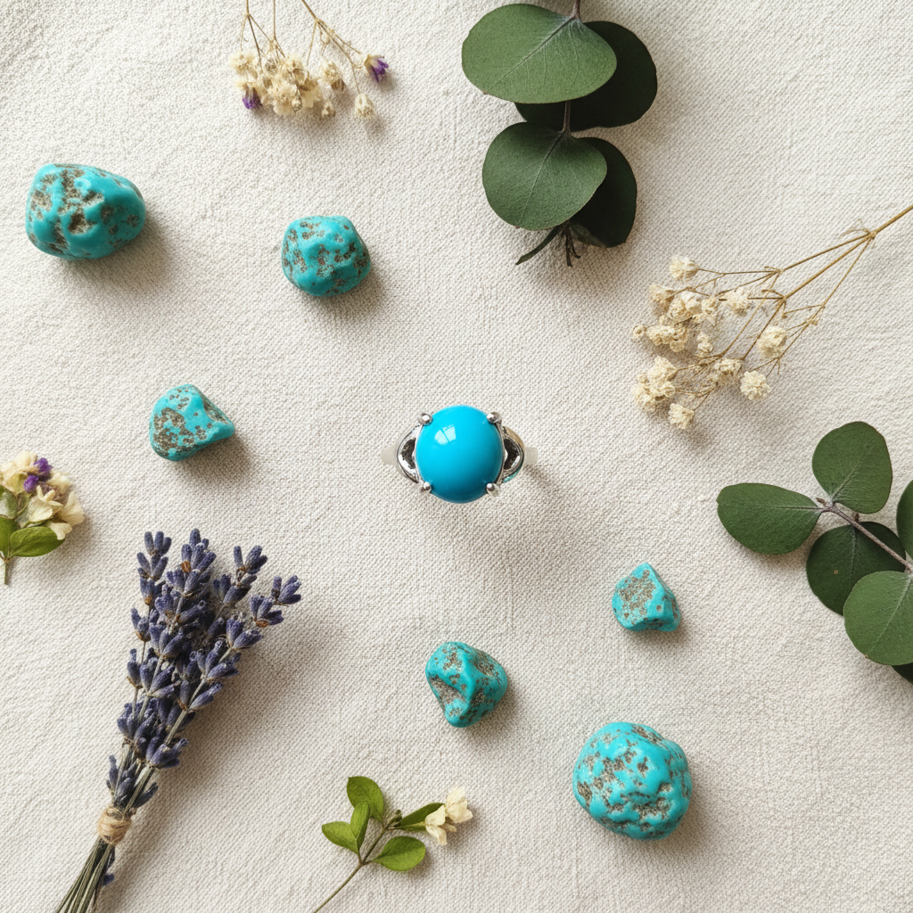 Silver-plated turquoise butterfly ring gift flat lay on cream linen with raw turquoise stones and wildflowers, size 18, Arnia CraftyGirl