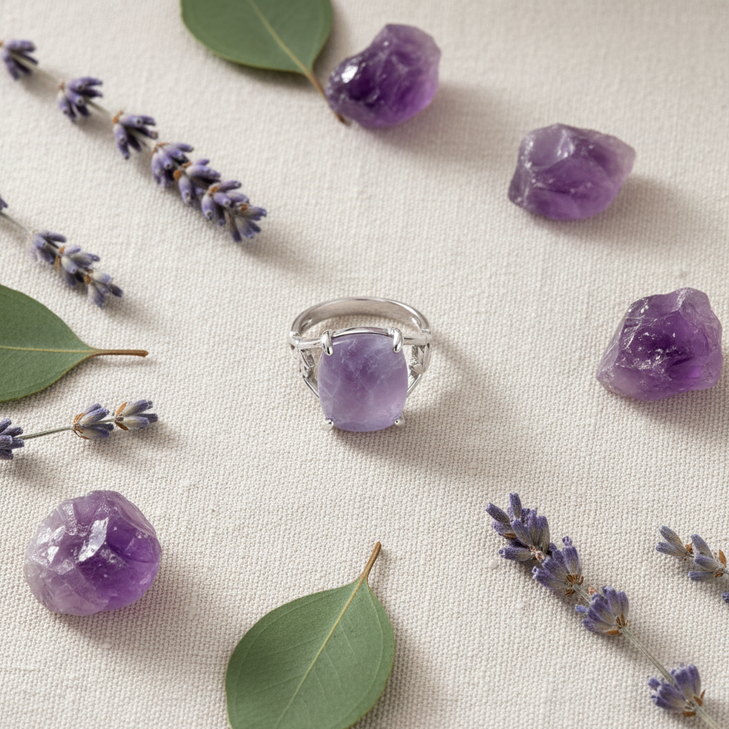 Silver-plated amethyst leaf detail ring gift flat lay on cream linen with amethyst crystals and lavender sprigs, size 17, Arnia CraftyGirl