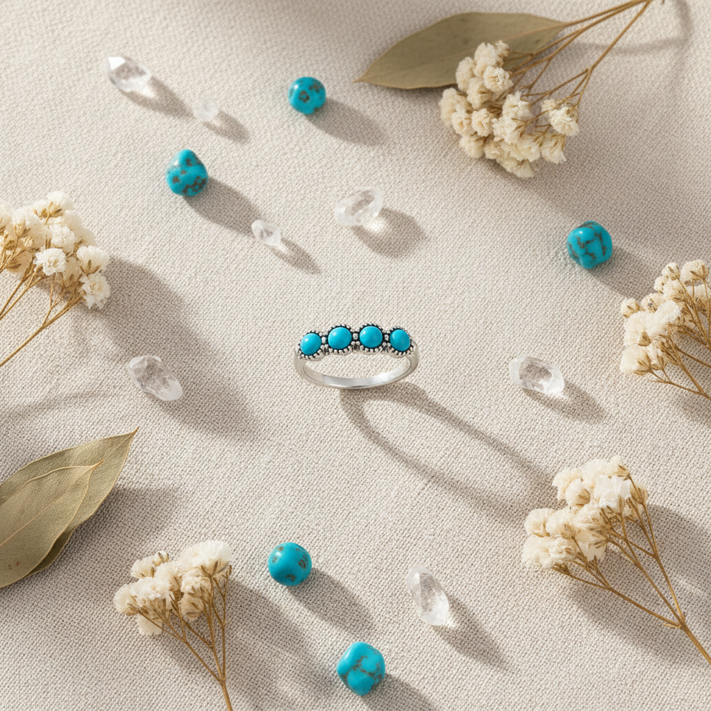 Silver ring with 4 round turquoise cabochon stones in beaded bezels, gift flat lay on linen with crystals and botanicals, size 13, Arnia CraftyGirl