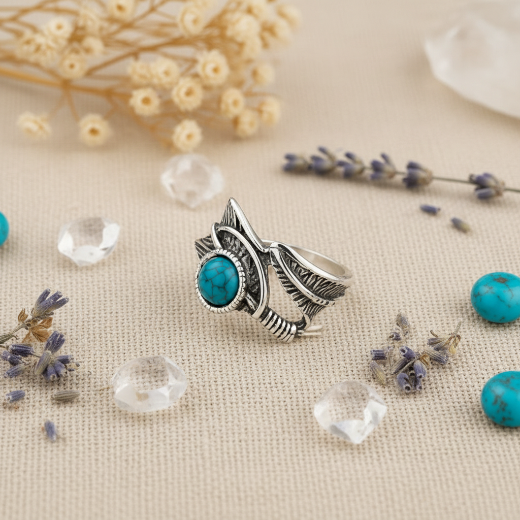 Antique silver leaf detail ring with round turquoise cabochon stone, gift flat lay on linen with crystals and botanicals, size 15, Arnia CraftyGirl