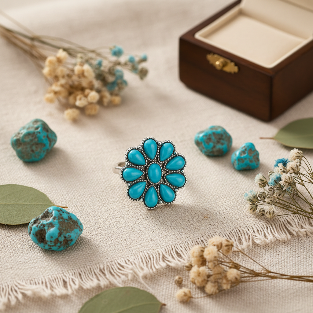 Silver-plated turquoise flower cluster ring gift flat lay on cream linen with raw turquoise stones and wildflowers, Arnia CraftyGirl