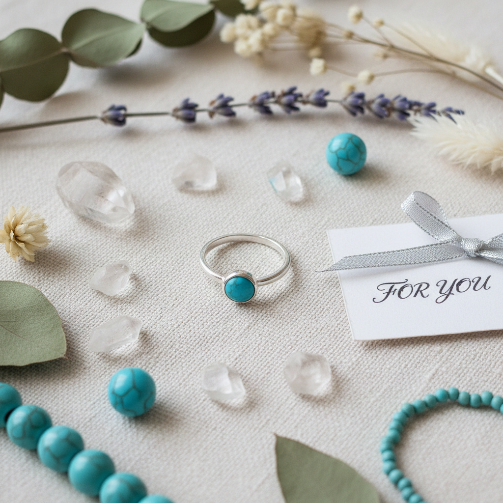 Silver-plated single round turquoise stone ring gift flat lay on linen with crystals and dried botanicals, size 13, Arnia CraftyGirl