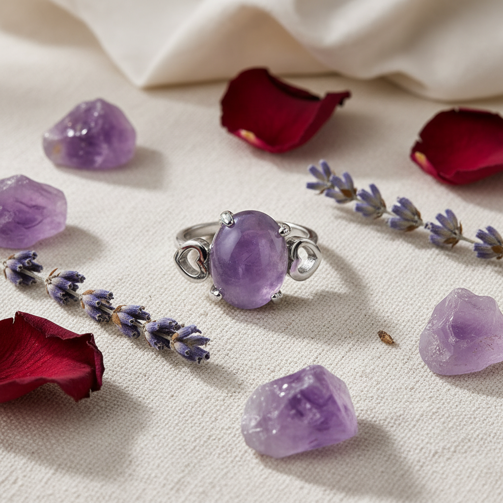 Silver-plated amethyst heart detail ring gift flat lay on cream linen with amethyst crystals and lavender, size 19, Arnia CraftyGirl