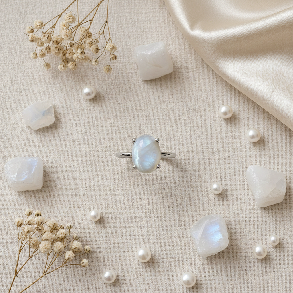 Silver-plated moonstone ring gift flat lay on cream linen with crystals and pearls, size 18, Arnia CraftyGirl