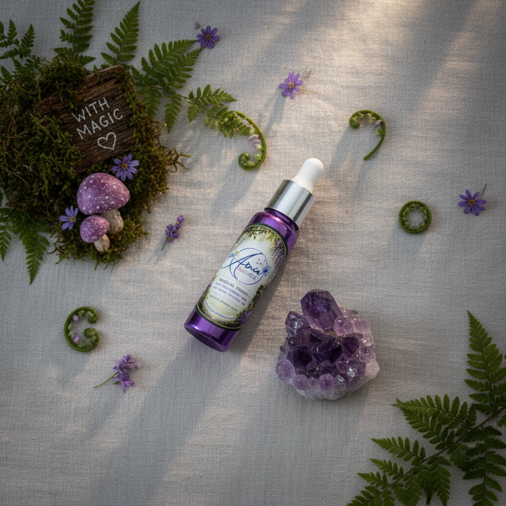 Magical Forest handbag scent gift flat lay on linen with mushrooms, fern leaves, purple flowers and amethyst crystals, Arnia CraftyGirl