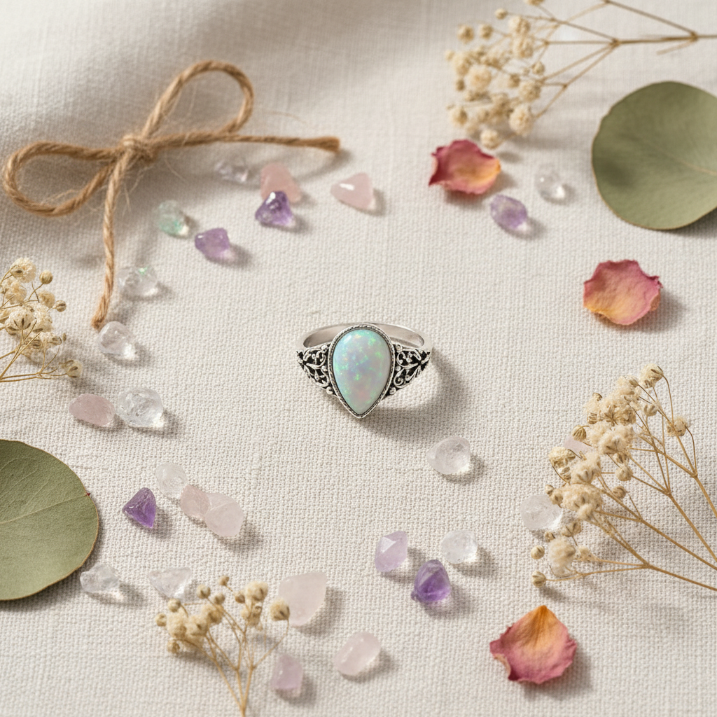 Silver-plated teardrop moonstone ring gift flat lay on linen with crystals and dried botanicals, size 15, Arnia CraftyGirl