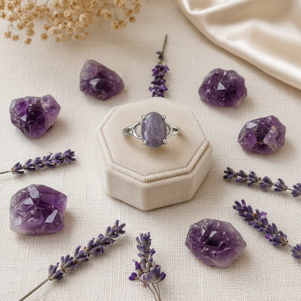 Silver-plated amethyst ring gift flat lay on cream linen with raw amethyst crystals and dried lavender, size 19, Arnia CraftyGirl
