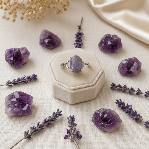 Silver-plated amethyst ring gift flat lay on cream linen with raw amethyst crystals and dried lavender, size 19, Arnia CraftyGirl