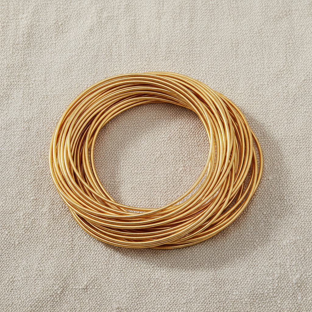 Gold memory wire spring bangles arranged on natural linen fabric - Arnia CraftyGirl