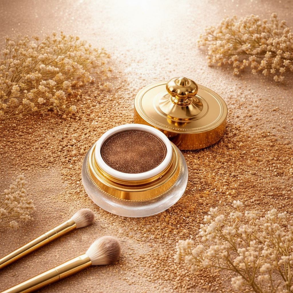 Golden Brown Vit.E Natural Eyeshadow in gold jar, terracotta flat lay with makeup brush, Arnia CraftyGirl