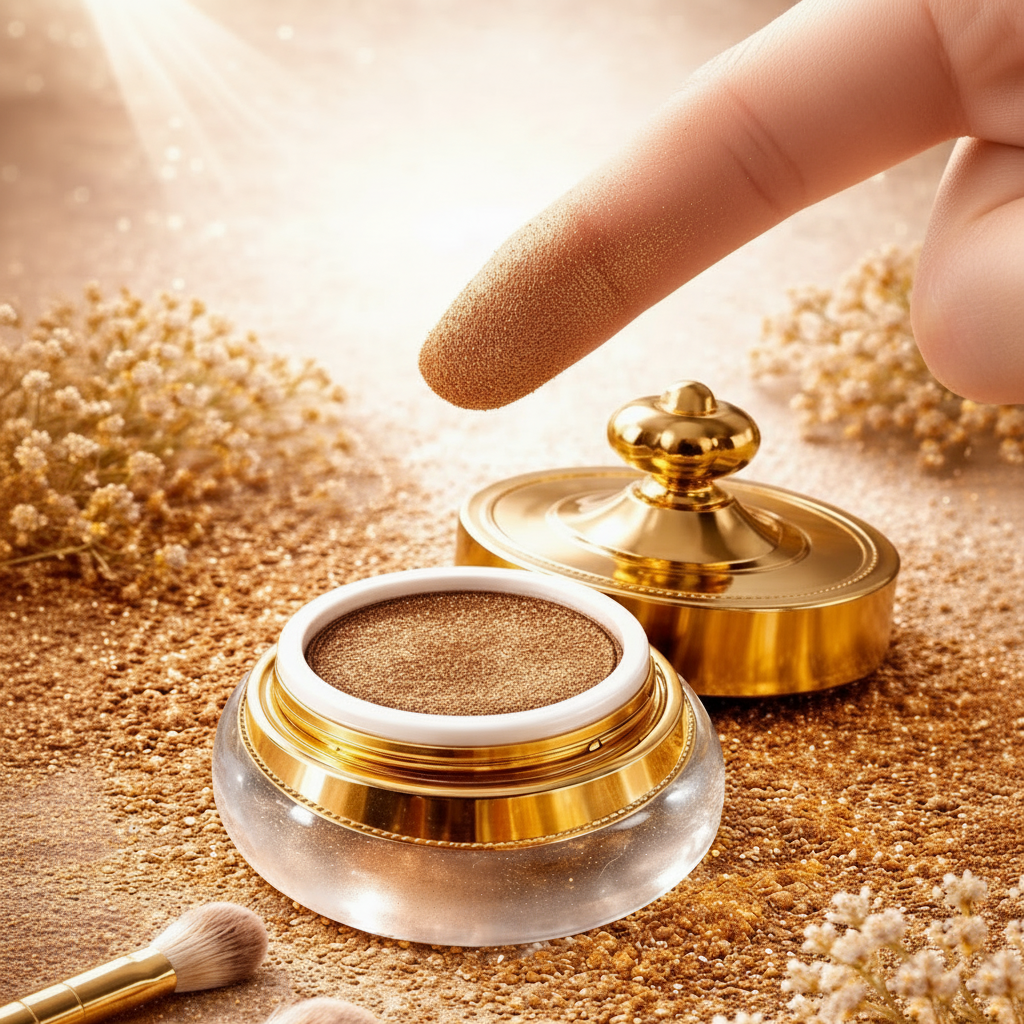 Golden brown shimmer eyeshadow swatch on fingertip, warm sandy background, Arnia CraftyGirl