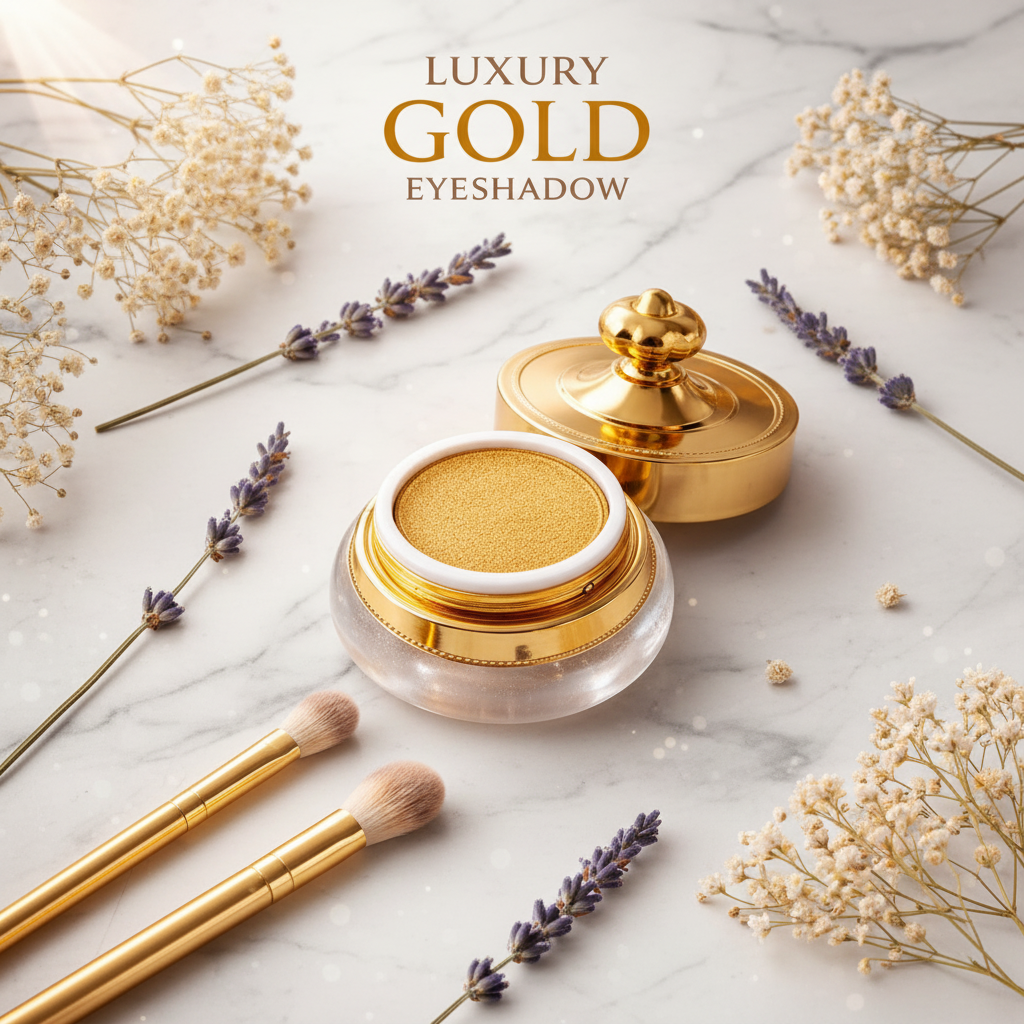 Open and closed gold eyeshadow pots on a light marble surface with decorative dried flowers and makeup brushes. Text at the top reads 'LUXURY GOLD EYESHADOW' from Arnia CraftyGirl