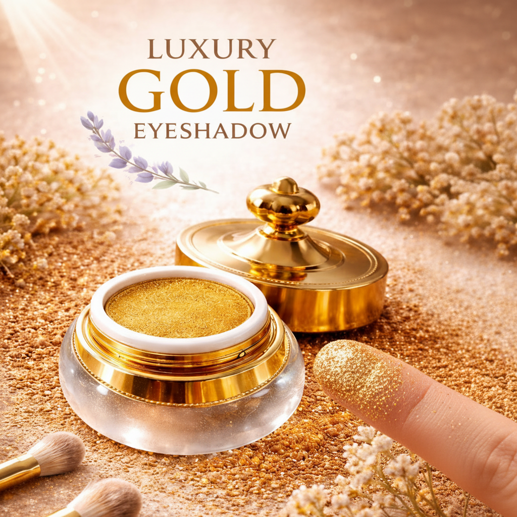 Luxury gold eyeshadow shown in a clear jar with a shiny gold lid, placed on a sandy surface with dried flowers and a finger swatched with glittery gold powder. 'LUXURY GOLD EYESHADOW' from Arnia CraftyGirl