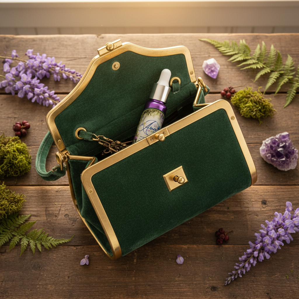 Magical Forest handbag scent purple dropper bottle inside open handbag with dried botanicals and crystals, lifestyle flat lay, Arnia CraftyGirl