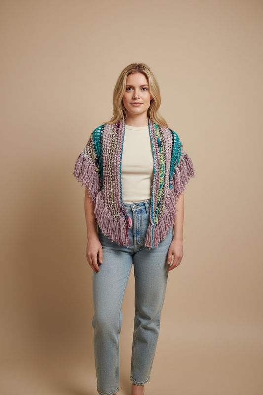 Handmade Intricate Bohemian Fringed Shawl in pink, lilac and turquoise artyarn – front view styled open over white tee | Arnia CraftyGirl