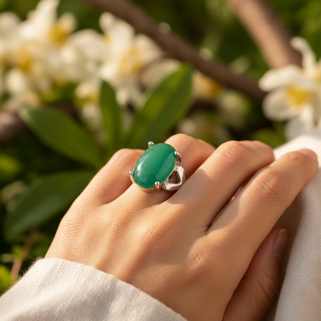 Silver-plated jade green oval stone ring worn on hand, golden hour boho lifestyle, size 20, Arnia CraftyGirl