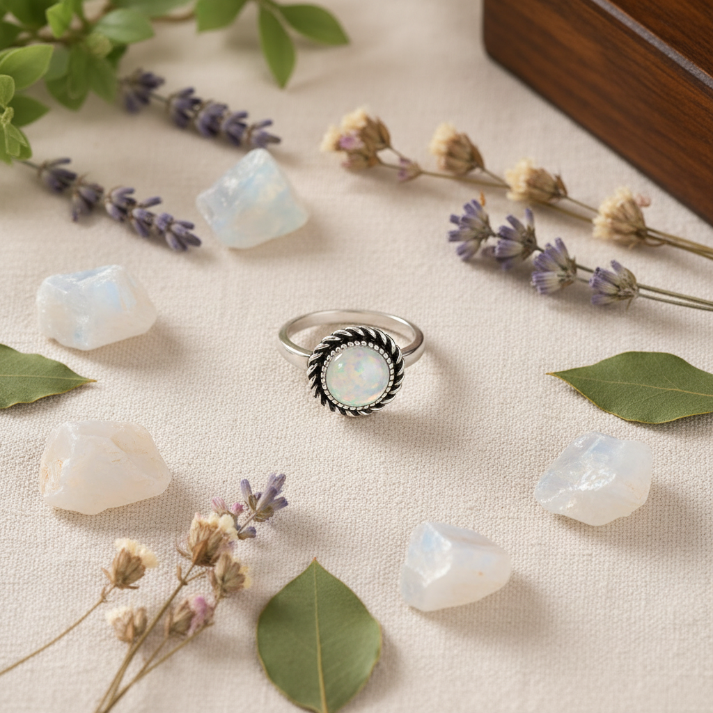 Silver moonstone rope twist bezel ring gift flat lay on cream linen with moonstone crystals and wildflowers, size 19, Arnia CraftyGirl