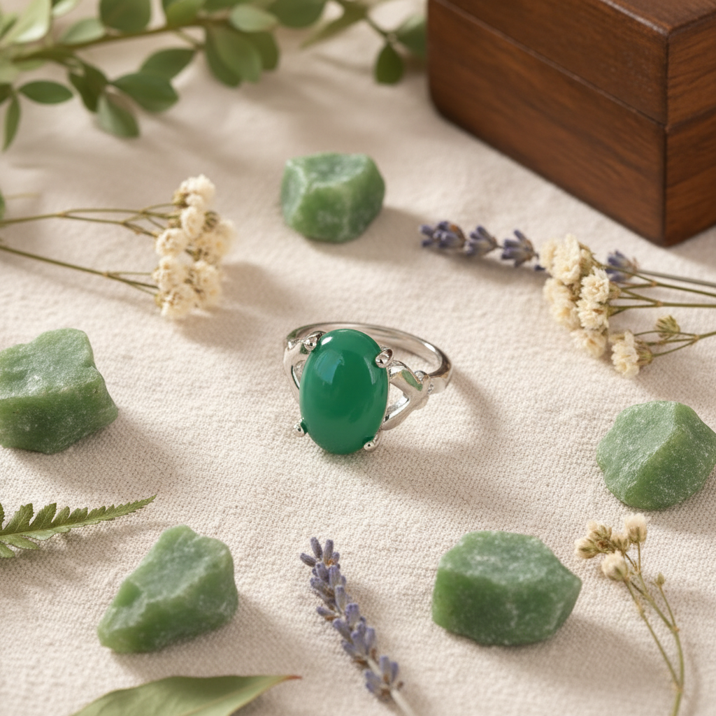Silver-plated jade green oval stone ring gift flat lay on cream linen with raw jade stones and wildflowers, size 20, Arnia CraftyGirl