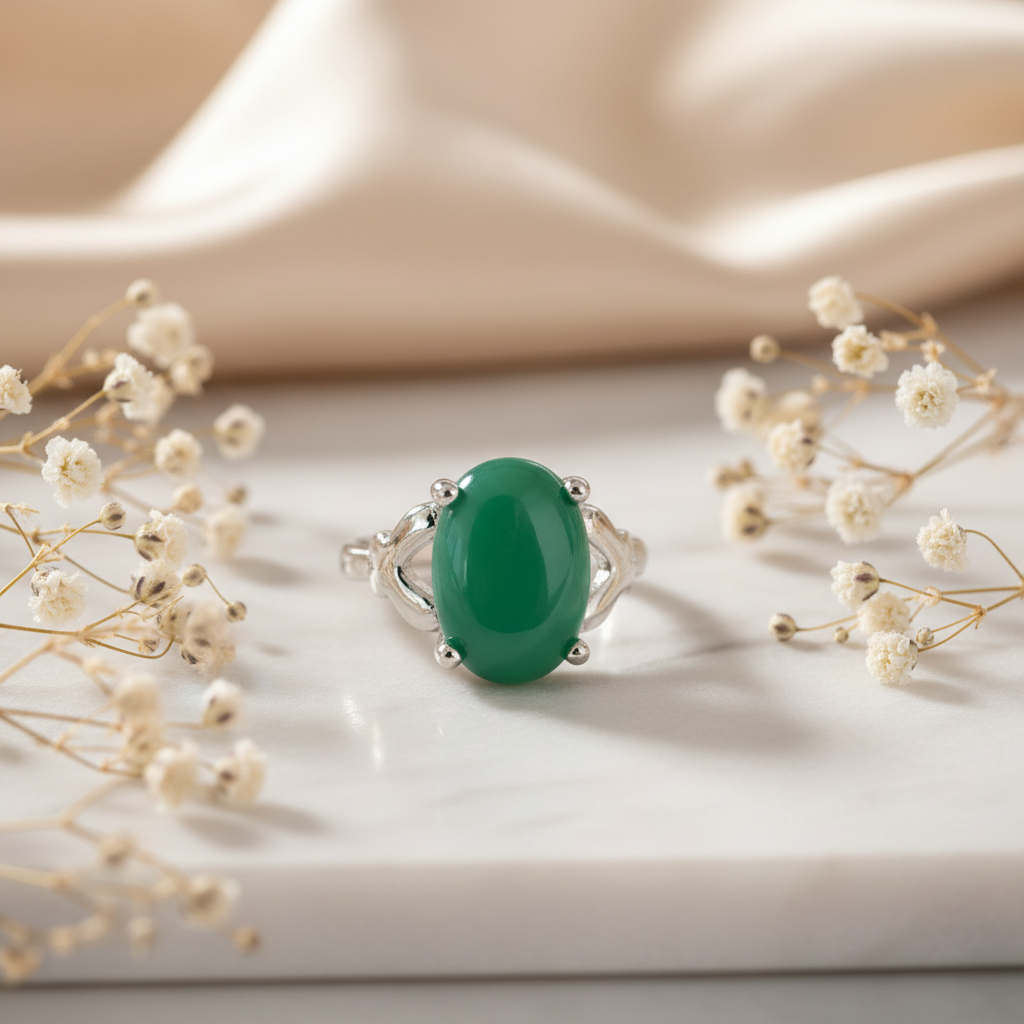Silver-plated jade green oval stone ring on white marble with baby's breath flowers and silk, size 20, Arnia CraftyGirl