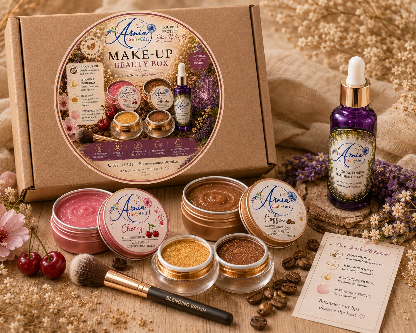 Arnia CraftyGirl Make-Up Beauty Box with Cherry & Coffee Lip Balm, Gold & Golden Brown Eyeshadow, Magical Forest Handbag Scent and Blending Brush