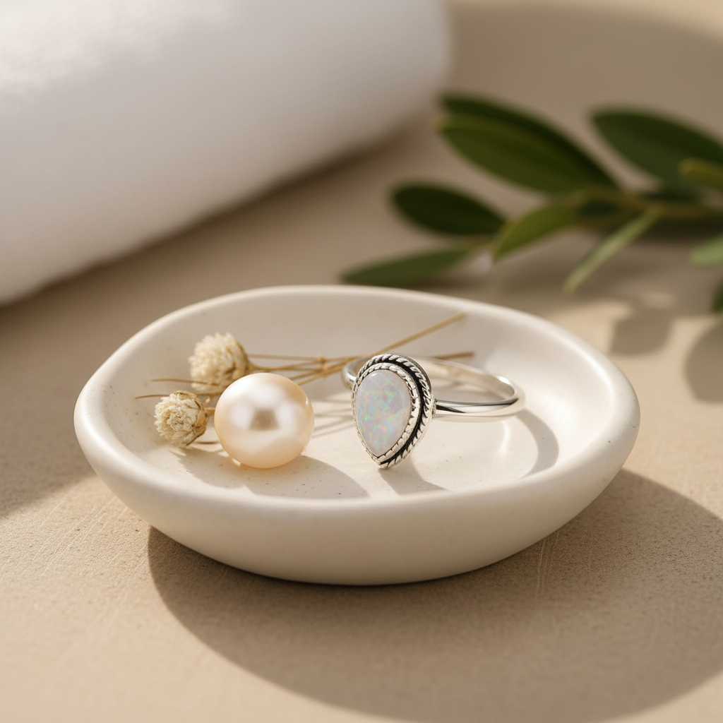 Arnia CraftyGirl teardrop moonstone ring on white ceramic dish with pearl and dried botanicals – spa-inspired artisan jewellery