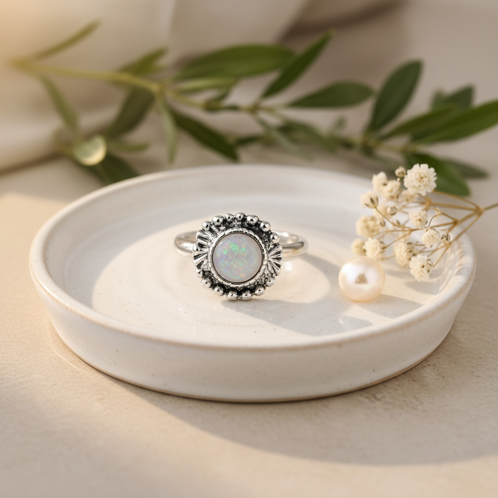 Arnia CraftyGirl silver moonstone sunflower ring on white ceramic dish with pearl and dried white flowers – artisan jewellery South Africa
